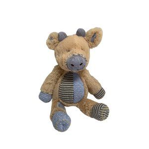 Demdaco Plush Cow Stuffed Animal Toy 13 in Tall Patches Sweater Beige Blue Ribbe